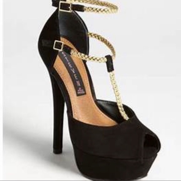 Steven by Steve Madden adalyn leather peep toe platform heels black gold size 7 - Picture 1 of 7